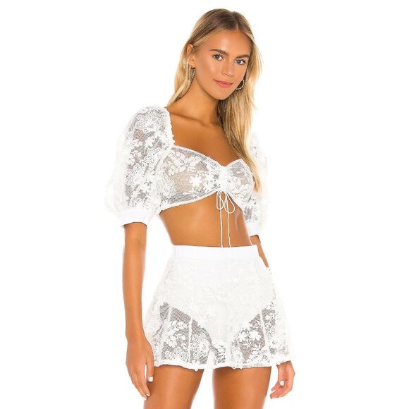 For Love & Lemons Crochet Daisy Crop Top in Ivory - Picture 2 of 5